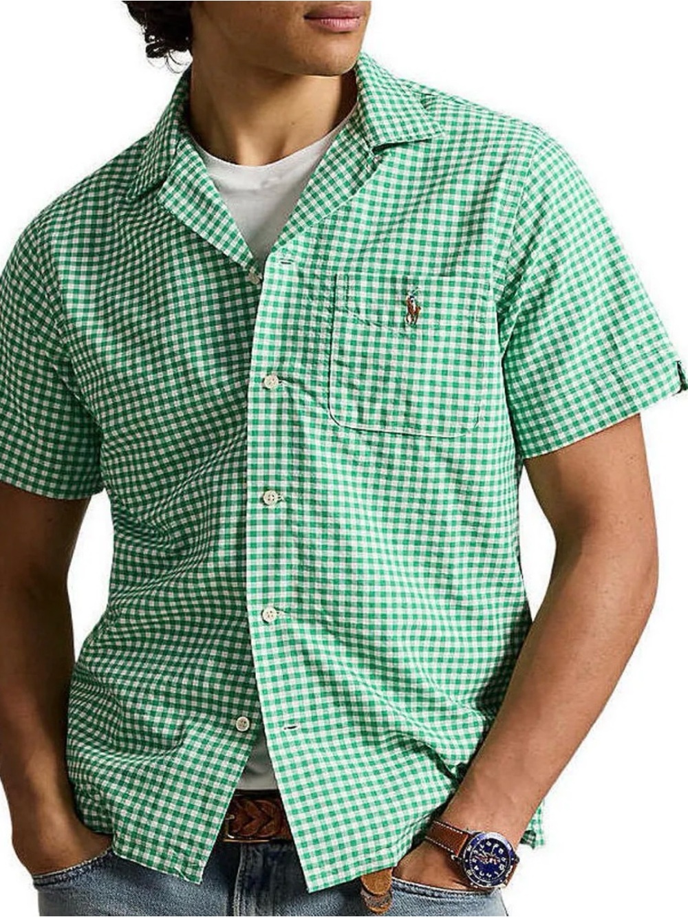 Ralph Lauren Green and White Gingham Short-Sleeve Button-Up Shirt